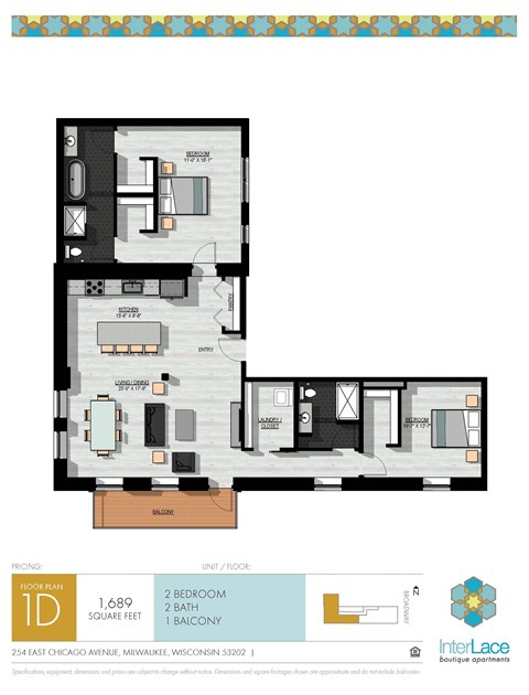 Floor plan for 2 beds, 1 bath, 1689 sqft